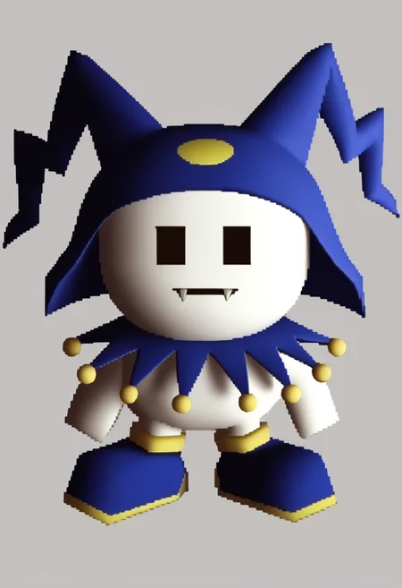 score_9, score_8_up, score_7_up, source_anime, BREAK, solo, , <lora:zs_FFVIIChibisXL_1:1>, ffviichibis, chibi, standing, full body, white background, <lora:Jack-Frost-pdxl_Fp:1>, jackfrostsmt, creature, white skin, solid oval eyes, :d, fangs, jester cap, blue footwear,