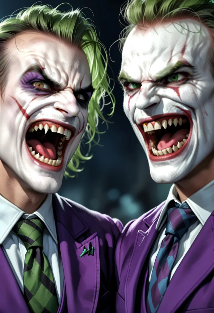 Captain Marko as The Joker, folie a deux version, laughing, wild-eyed, manic, monster, close-up