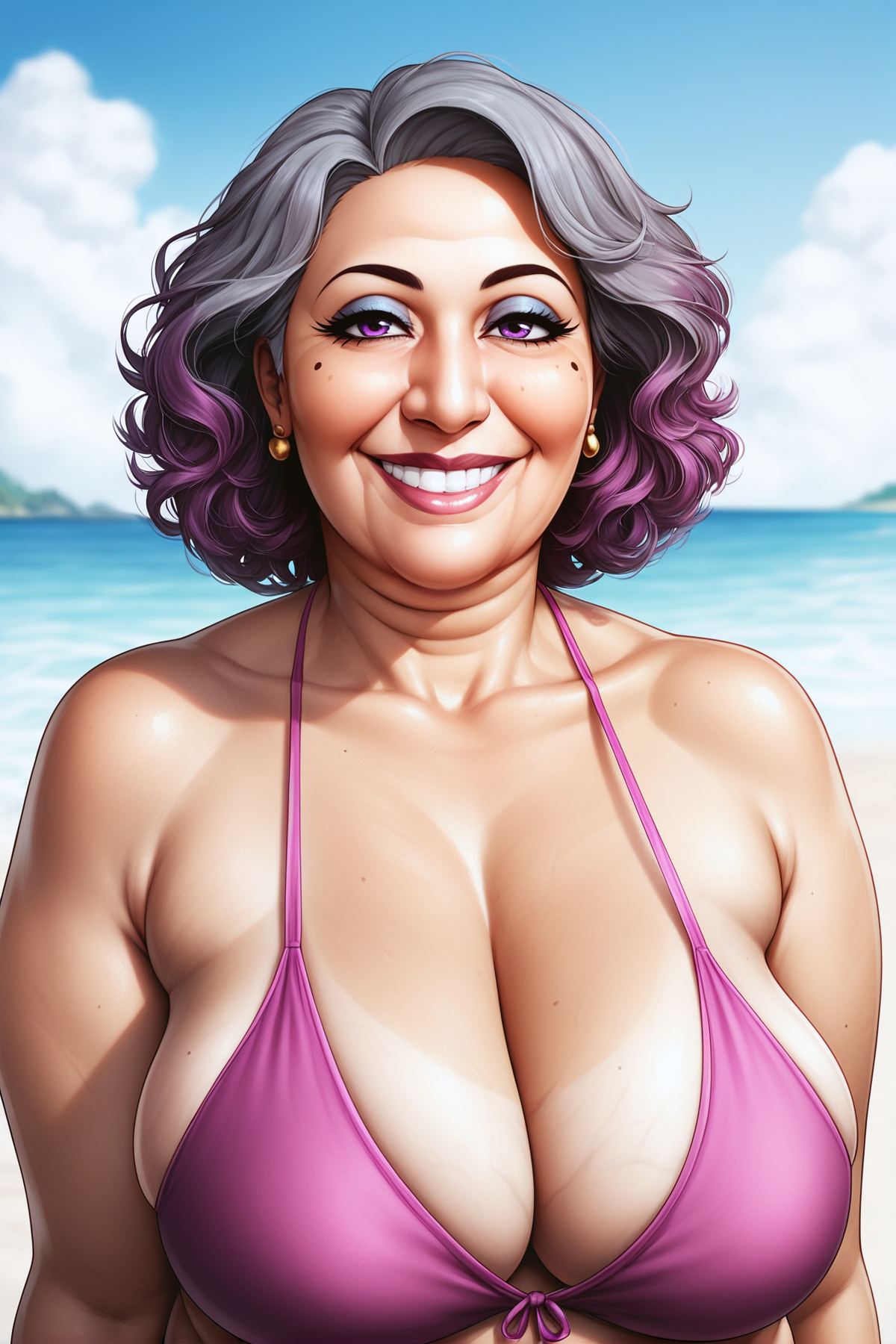 score_9, score_8_up, score_7_up, score_6_up, score_5_up, score_4_up, source_cartoon BREAK portrait, egyptian milf, chubby, gray short slick hair, magenta swimsuit, cleavage, beach, smiling, golden hour, (moles:1.3), (stretch marks:0.7), (veins:0.7), cellulitis