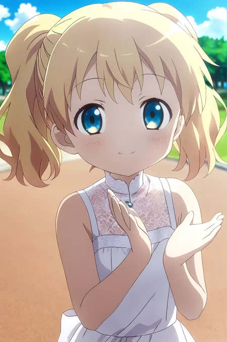 alice_cartelet, 1girl, solo,petite, blonde hair, small breasts,close up,standing,looking at viewer,flowerhands,white dress, Make flower shape with both hands, open palms,incoming,upperbody,smile,cloud,park,wind <lora:better skin typeB-v1:0.7> <lora:XDetail_light:1>masterpiece,best quality,source anime
 <lora:negativeXL_D:1> <lora:_sdxl-flowerhands:0.7> <lora:alice_cartelet-animagine-v1:0.7>