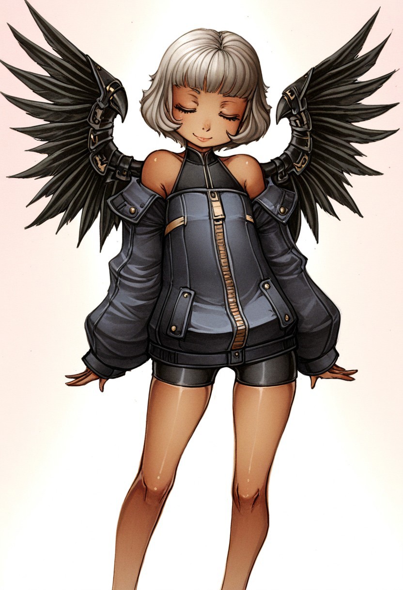sachsen, soft colors, pastel colors, traditional media, masterpiece, hires, solo, 1girl, skindentation, closed eyes, lips, smile, grey hair, pose, ashy dark-skinned female, bare shoulders, baggy jacket, black feather wings, metallic wings, bike shorts, bare legs, mechabare
