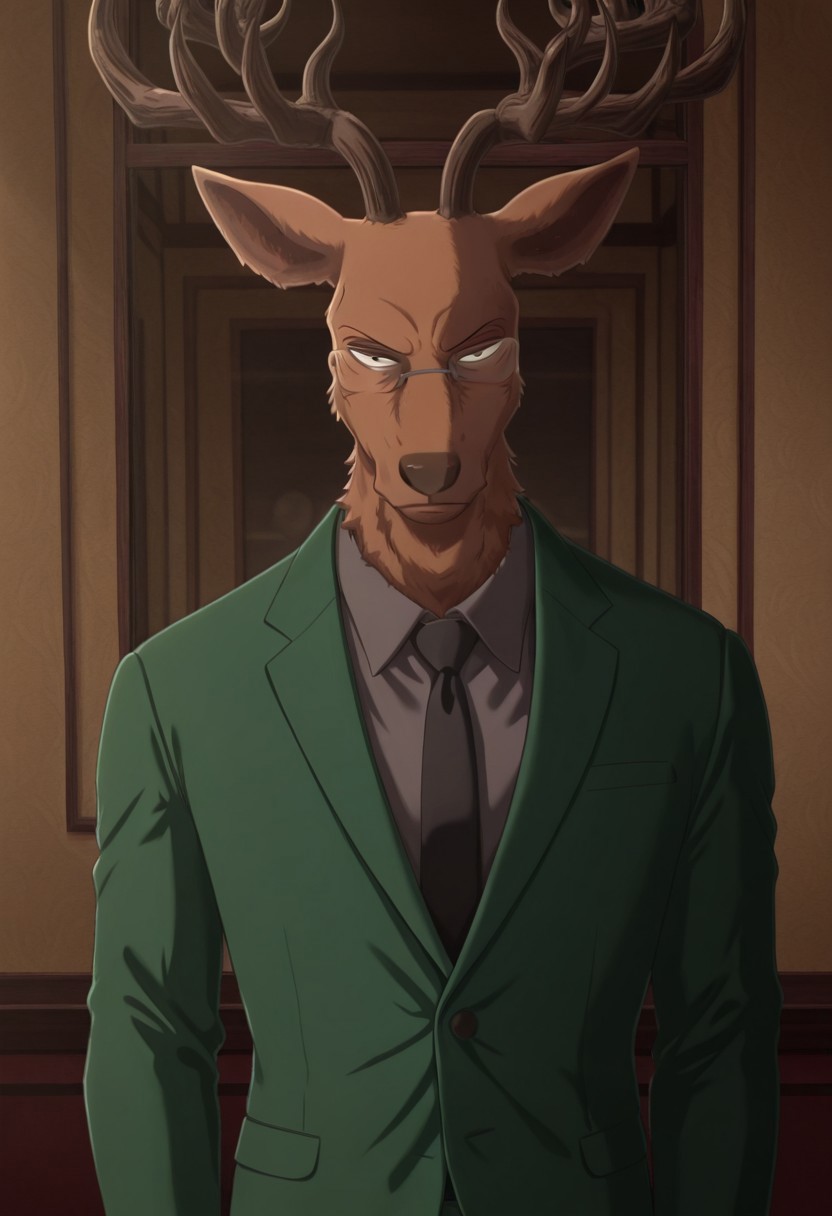Masterpiece, best quality, high quality, detailed, male, solo male, 1boy, Oguma, mature male, anthro, deer, reddish brown body, black eyes, beastars, antlers, animal ears, broad shoulders, athletic build, glasses, looking at viewer, scowl, gray shirt, black tie, green suit, half body, volumetric lighting, standing, office, standing near window, w0lfc0nf