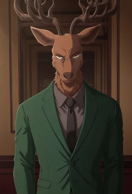 Masterpiece, best quality, high quality, detailed, male, solo male, 1boy, Oguma, mature male, anthro, deer, reddish brown body, black eyes, beastars, antlers, animal ears, broad shoulders, athletic build, glasses, looking at viewer, scowl, gray shirt, black tie, green suit, half body, volumetric lighting, standing, office, standing near window, w0lfc0nf