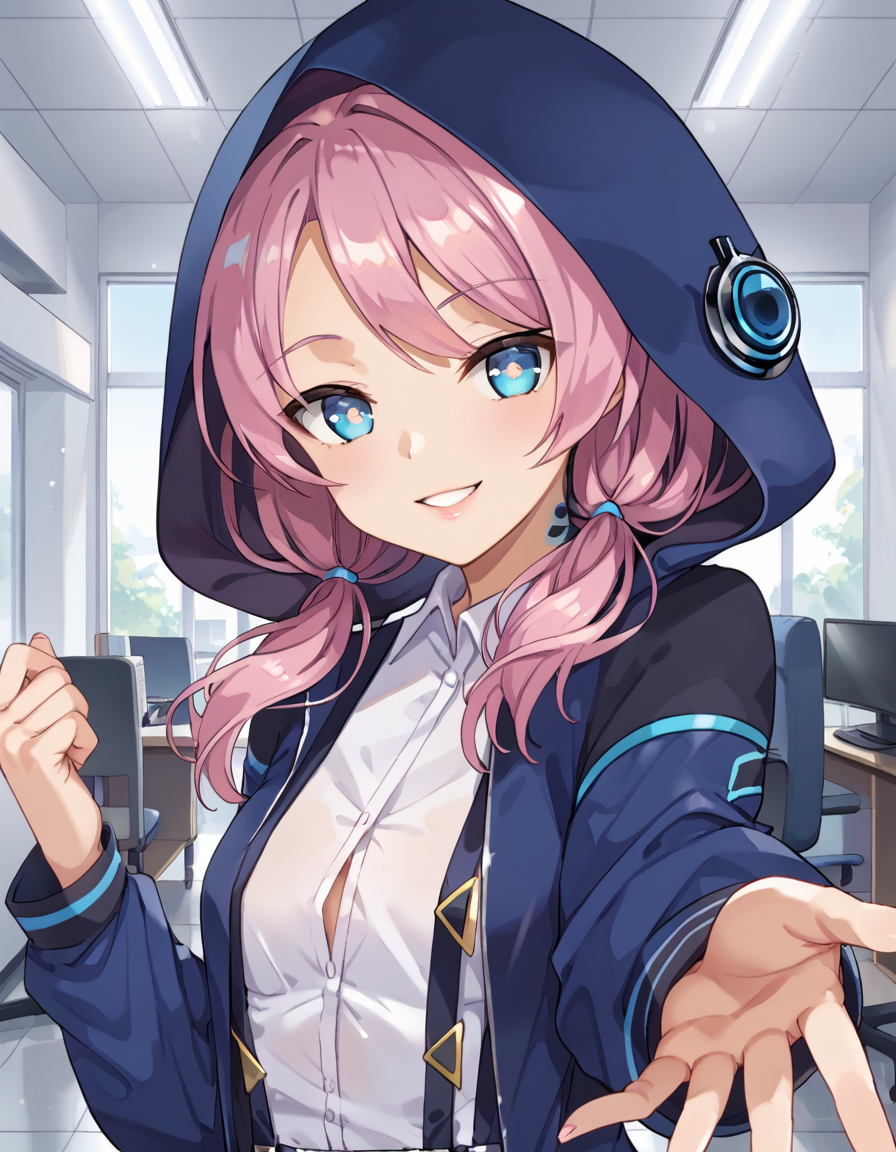 blue poison (arknights), blue eyes, unusual pupils, pink hair, low twintails BREAK, Azureus_E2, base_jacket,hooded jacket,hood up E2_shirt, E2_suspenders BREAK, smile, closed mouth, looking at viewer, parted lips, cowboy shot,upper body,indoor,office,reaching