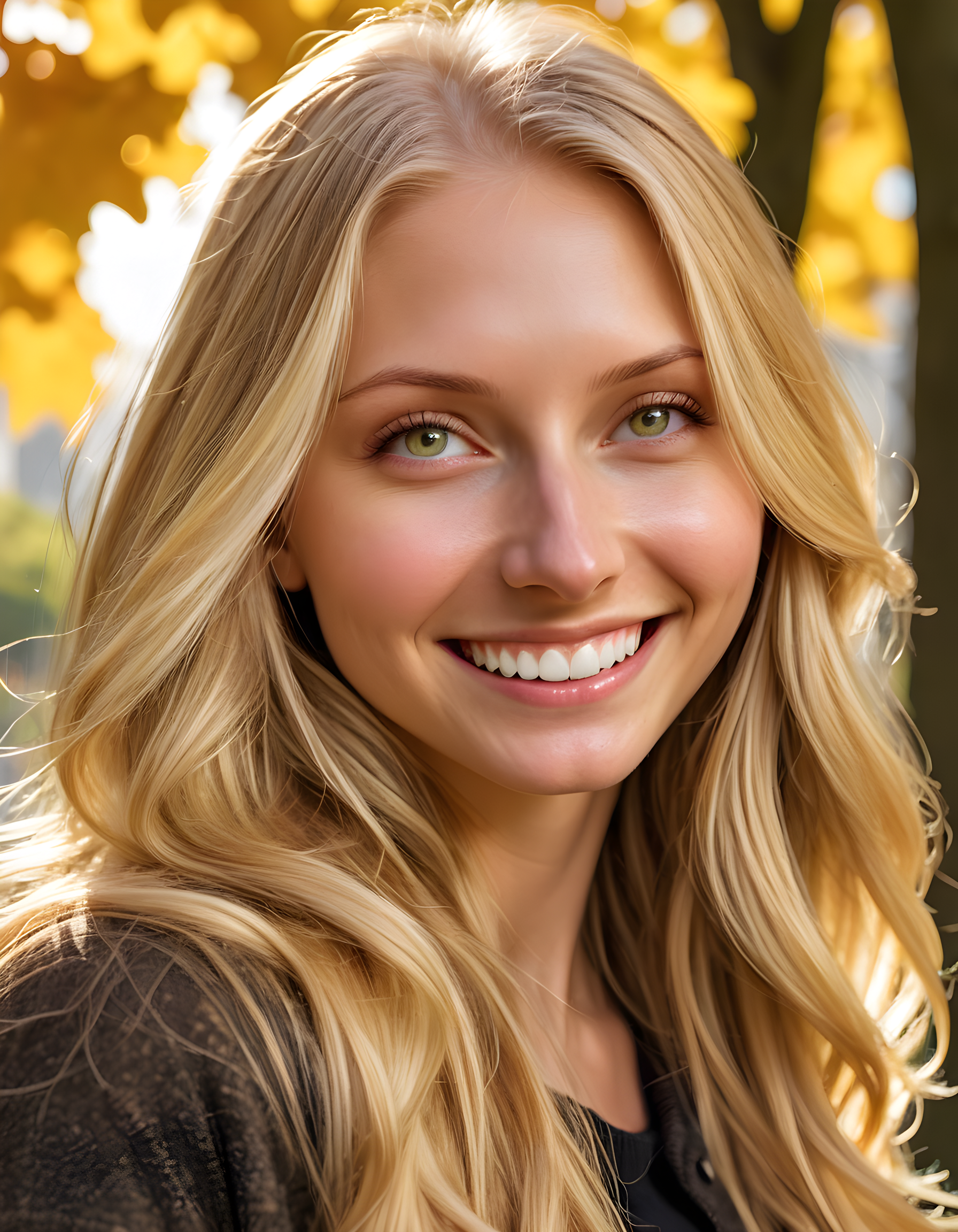 In the heart of a bustling city park, under the soft, dappled sunlight filtering through vibrant autumn leaves, stands Kemkin - a striking woman with long, golden blonde hair cascading down her shoulders. Her intense gaze locks with yours from her intimate, close-up portrait. With a subtle smile revealing her pearly white teeth, she radiates an aura of confidence and serenity, framed against the verdant backdrop of the city's urban jungle.