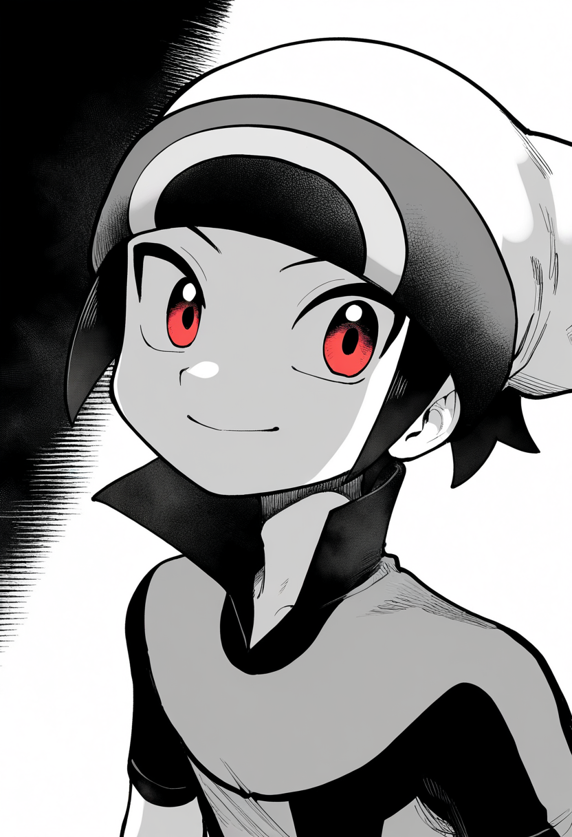 best quality, amazing quality, very aesthetic, absurdres,
greyscale, monochrome,
1boy,brendan \(pokemon\), white beanie, black hair, jacket, popped collar, red eyes, shirt, short hair, short sleeves,
smile, upper body, solo, looking at viewer, simple background, white background,    <lora:PokemonAdventuresNoobLocon_byKonan:1>