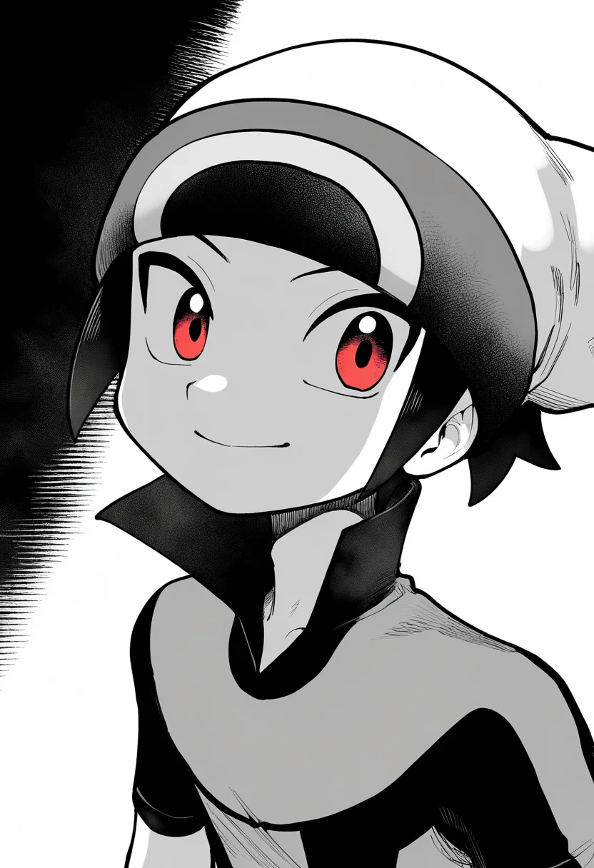 best quality, amazing quality, very aesthetic, absurdres,
greyscale, monochrome,
1boy,brendan \(pokemon\), white beanie, black hair, jacket, popped collar, red eyes, shirt, short hair, short sleeves,
smile, upper body, solo, looking at viewer, simple background, white background, <lora:PokemonAdventuresNoobLocon_byKonan:1>