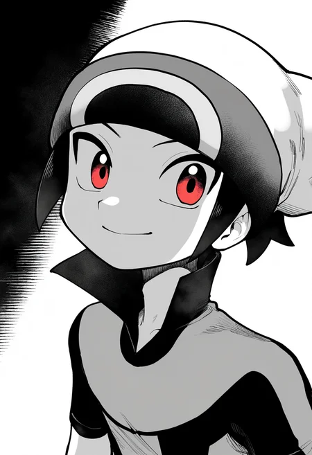best quality, amazing quality, very aesthetic, absurdres,
greyscale, monochrome,
1boy,brendan \(pokemon\), white beanie, black hair, jacket, popped collar, red eyes, shirt, short hair, short sleeves,
smile, upper body, solo, looking at viewer, simple background, white background, <lora:PokemonAdventuresNoobLocon_byKonan:1>