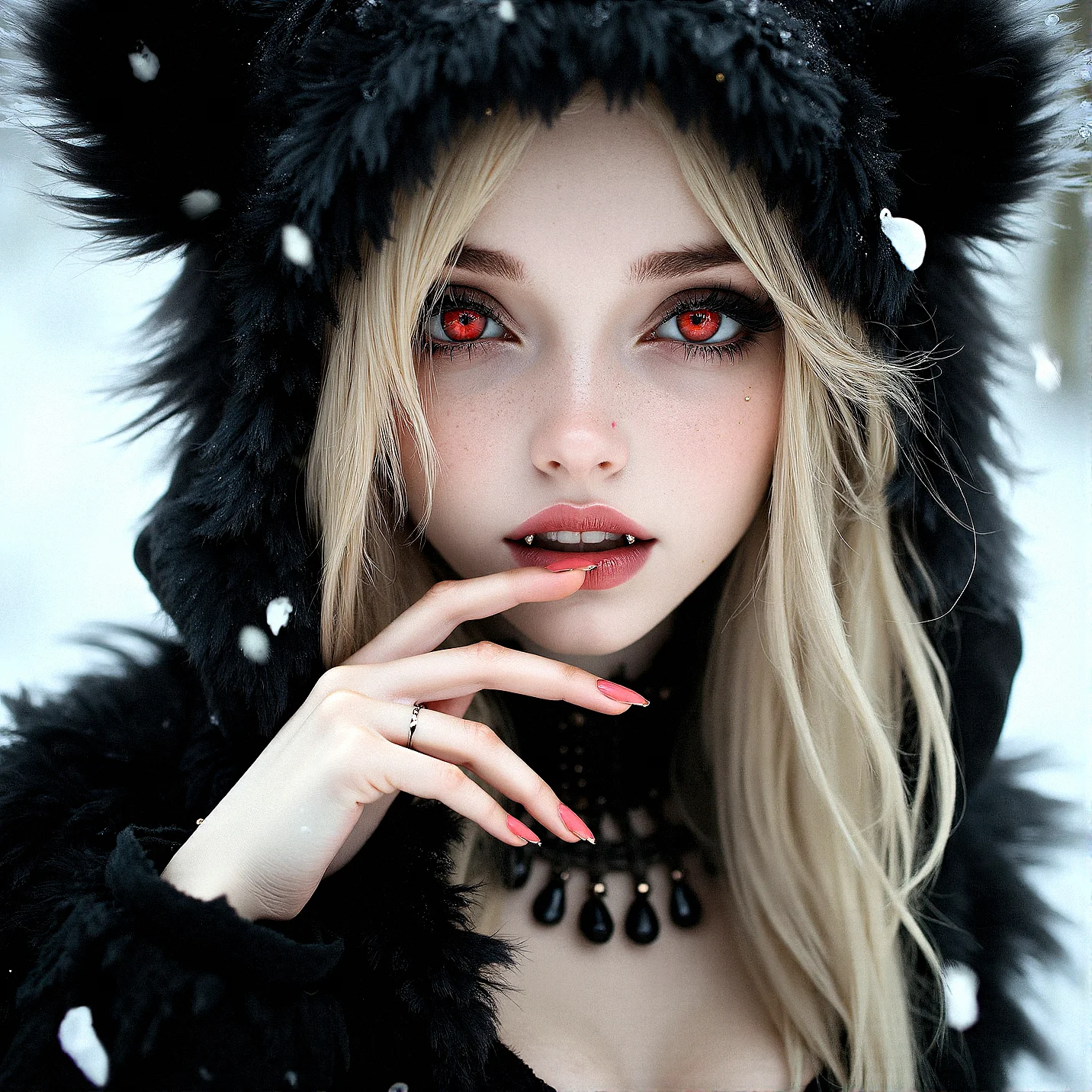 A stunning doll like face close-up of a blonde woman, gothic fashion, with bright red eyes, moist pink lips, smooth skin, fangs, wearing a fluffy animal ear hood, wearing beautiful necklace,wide cleavage,  soft lighting, realistic and delicate facial features, fallen snowpetal,  photorealistic rendering. Natural light interplay on skin,Photorealistic shadow softness, Lifelike hair gloss , Photorealistic color grading, One hand resting on the chin, shoulders slightly hunched, head tilted slightly downwards.
