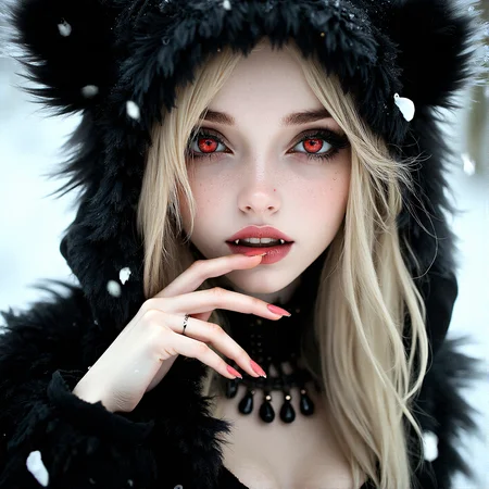 A stunning doll like face close-up of a blonde woman, gothic fashion, with bright red eyes, moist pink lips, smooth skin, fangs, wearing a fluffy animal ear hood, wearing beautiful necklace,wide cleavage,  soft lighting, realistic and delicate facial features, fallen snowpetal,  photorealistic rendering. Natural light interplay on skin,Photorealistic shadow softness, Lifelike hair gloss , Photorealistic color grading, One hand resting on the chin, shoulders slightly hunched, head tilted slightly downwards.

