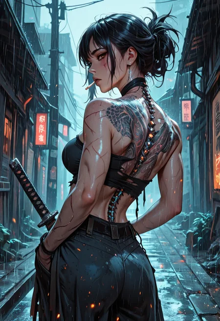 highres, very detailed, amazing quality, masterpiece,
very aesthetic,
particle effect, Cinematic,
1girl, solo, toned, toned body, scars, slashed clothing, ripped clothing, holes in pants, Black hair, hair up, beautiful, exposed shoulders, exposed back, bionic spine, smoking, cigarette, strong face, angled face, brown eyes, female yakuza, cybernetic katana, bandage top, tube top, large breasts:1.5, looking at viewer, intense glint in eye, beautiful eyes,
Back tattoo, Dragon back tattoo,
hands in pockets, baggy pants, ancient pants,
Raining, ancient Japanese street,
Close up, cowboy shot,
From behind, View from behind,