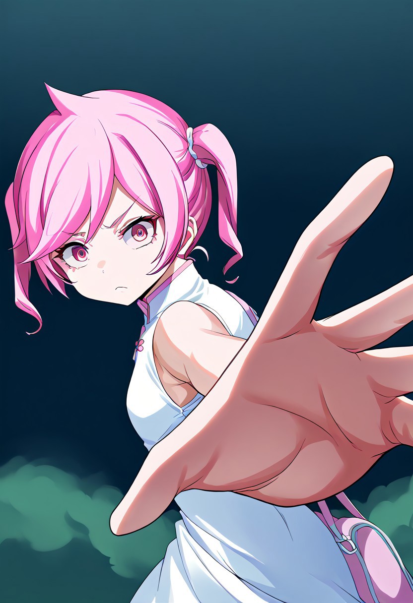 score_9, score_8_up, source_anime, 1girl, solo, akiho_rindou, pink hair, twintails, pink eyes, white dress, pink bag, frowning,IncrsPunchMeme, incoming punch, csr style, mammoth_metal_style