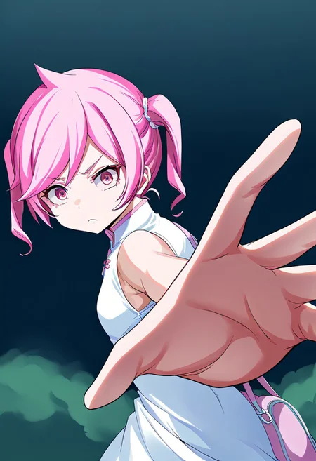 score_9, score_8_up, source_anime, 1girl, solo, akiho_rindou, pink hair, twintails, pink eyes, white dress, pink bag, frowning,IncrsPunchMeme, incoming punch, csr style, mammoth_metal_style