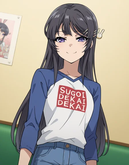 score_9, score_8_up, score_7_up, source_anime, maisakurajima, <lora:mai-sakurajima-s1-ponyxl-lora-nochekaiser:1> mai sakurajima, long hair, bangs, black hair, hair ornament, purple eyes, hairclip, rabbit hair ornament,, <lora:sugoi-dekai-ponyxl-lora-nochekaiser:1>, sugoi dekai, clothes writing, raglan sleeves, t-shirt, denim, denim skirt,, indoors, smile, smug,, cowboy shot, dutch angle,