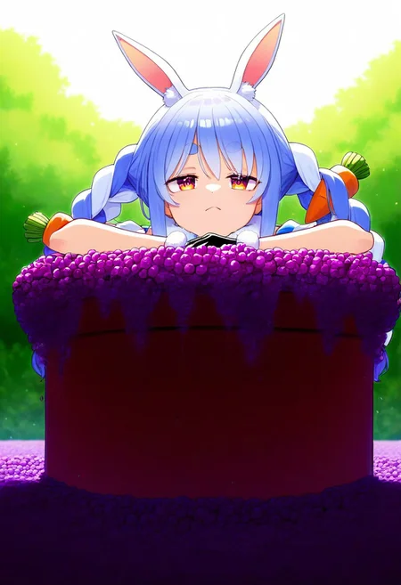 masterpiece, very aesthetic, absurdres, newest, Usada_Pekora, sitting in a basin full of grapes, covered in grape juice, dynamic pose, unamused, teary eyes,
garden background, detailed background,