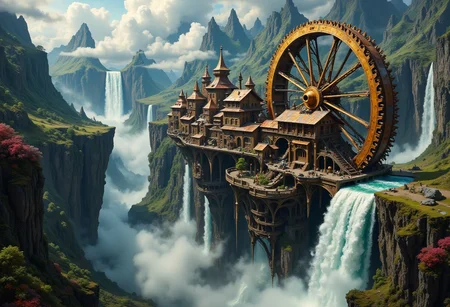 A colossal, intricate fantasy steampunk waterwheel, adorned with brass filigree and copper accents, powers a majestic floating village, with thatched roofs and billowing smoke, suspended high above the mist-shrouded depths by a latticework of wooden beams and steam-powered pulleys, as a gargantuan, surreal waterfall cascades down a sheer, rugged cliffside, its torrential waters churning the wheel's massive, toothed cogs, surrounded by a halo of mist and spray, evoking the atmospheric, cinematic scenery of Syd Mead, the mechanical, industrial elegance of H.R. Giger, and the epic, dreamlike quality of Zdzisław Beksiński.