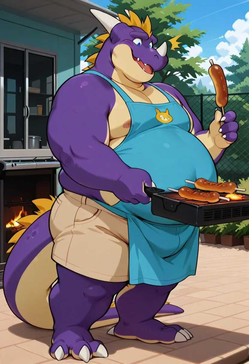 masterpiece, best quality, amazing quality, 1boy, solo, Marikoh, dragon, purple body, yellow spikes, blue eyes, furry, claws, tail, anthro, dragon face, male, cartoon style, 2d, overweight male, nipples, wide hips, perfect eyes, (((detailed eyes))), expressive eyes, ((fat, chubby, obese)), ((excessive obesity)), backyard, outside, high quality, detailed, digital art, masterpiece, full body, ((tank top shirt, beige shorts, apron)), (barbecuing, grilling sausages), vivid color, detailed face, perfect face, masterpiece, absurdres, intricate detail, very aesthetic, ds0d, ((three-quarter view:1.3)), ((3/4_view))