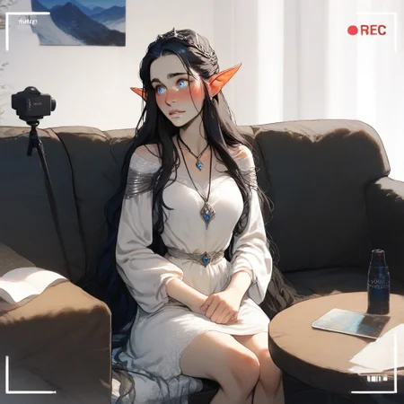 Incase style, score_9, score_8_up, score_7_up, 1girl, Arwen_Undómiel, Arwen_(Lord_of_the_Rings), Evenstar, evenstar_pendant, pendant, jewelry, Arwen, elf, blue eyes, black hair, long hair, sidelocks, (embarrassed), sitting, full-face blush, on couch, (recording), media player interface, battery indicator, Scenery, indoors, (casting_couch:1.2)
