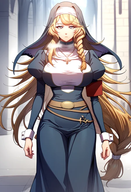 score_9, score_8_up, score_7_up, score_6_up, source_anime, rating_explicit, <lora:neg4all_bdsqlsz_V3.5:2.0>1girl, (solo:1.2), huge breasts, <lora:Christina Logerisponyxl:1> long hair, nun, blonde hair, habit, bangs, single braid, blue eyes, mole under eye, very long hair, cross necklace, jewelry, puffy sleeves, juliet sleeves, long sleeves, belt, expressionless, Narrow shoulders, heavy breathing, steaming body, castle, outdoor, walking, close-up