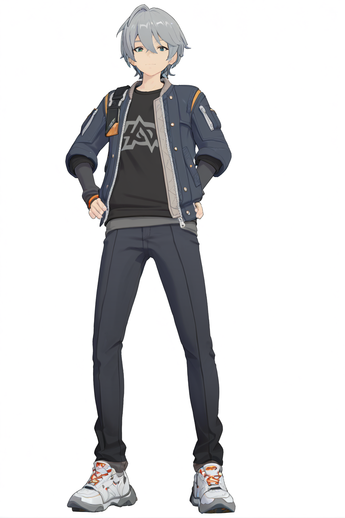 score_9, score_8_up, score_7_up, score_anime, 8k, best quality, masterpiece, (ultra-detailed), (white background:1.2), solo, hands on hip, (full body:1.1), looking at viewer, 
<lora:zzzstyle-pony-Tanger:0.8>,zhe, zhe's def clothes, zzz style, 1boy, jacket, sneakers, grey hair, shoes, pants