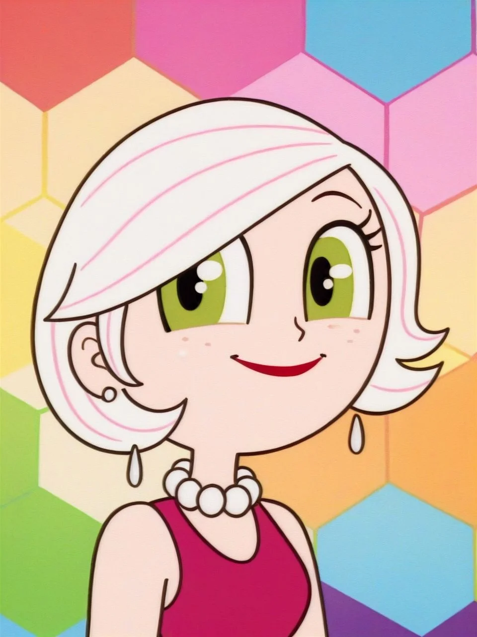 (rainbow gradient honeycomb \(pattern\) background:1.2), 1girl, solo, upper body portrait, warm slight smile, closed mouth, (looking at viewer:1.1), <lora:sedusaPPG_PDXL:0.8> goodladyPPG, white hair, short hair bob, swept bangs, green eyes, red lips, pearl necklace, earrings, pink dress,