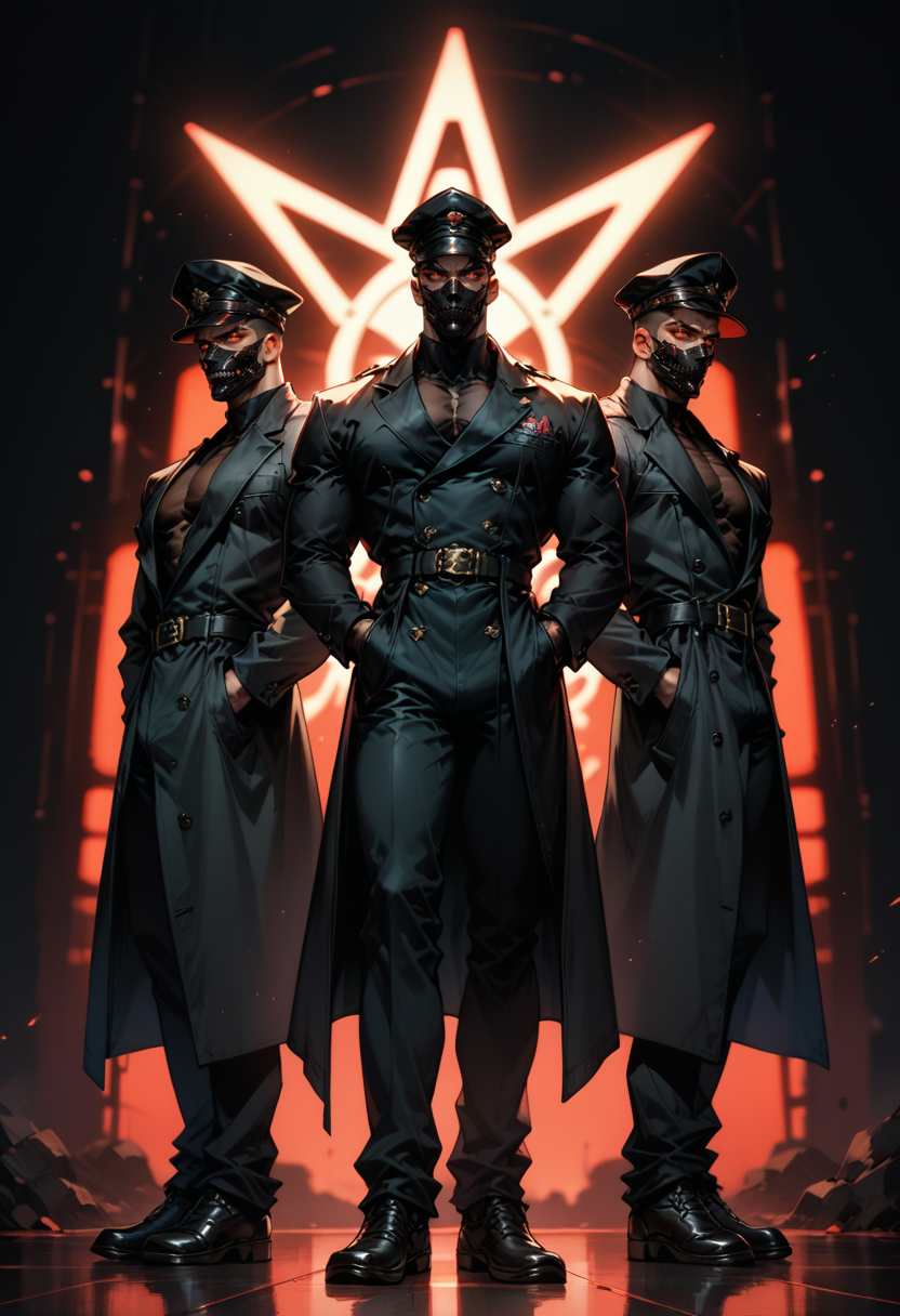 (score_9, score_8_up) ,score_7_up, 3men, bara, mask, full face mask, looking at viewer, shadow men, full body pose, black hat, peaked cap, in all black, black silhouette, red glowing eyes, gloomy, unholy, hands behind back, black trench coat, all black attire, dark background, black background, neon lights, gothic, from below, low-angle shot, blurry background, gritty
<lora:DetailedEyes_V3:0.5> <lora:add-detail-xl:0.5>   <lora:masky-000011:0.5>
