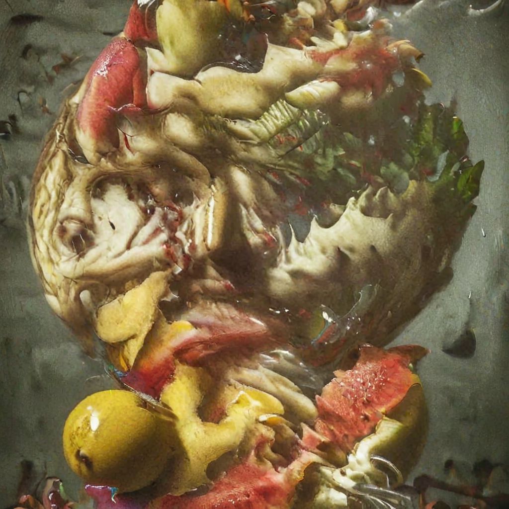 An award winning portrait photograph, a gorgeous brunette woman, by Rembrandt, gravitational lensing, hoph fibration bundles distortion of features of fruit, watermelon, apples, grapes, pears, figs, fern, flowers, flies, Leica M3, strobe flash, 3d stereoscopic color photograph,