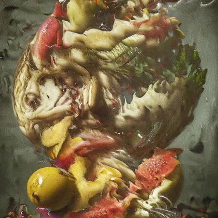 An award winning portrait photograph, a gorgeous brunette woman, by Rembrandt, gravitational lensing, hoph fibration bundles distortion of features of fruit, watermelon, apples, grapes, pears, figs, fern, flowers, flies, Leica M3, strobe flash, 3d stereoscopic color photograph,