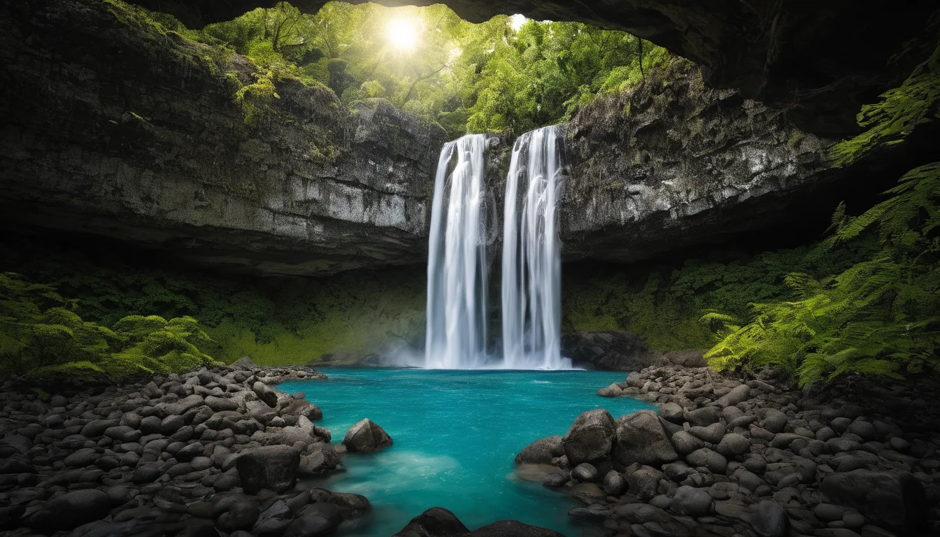 amazing photograph of gorgeous view, award winning, breathtaking, photo of the year, 4k, hyperrealistic, dramatic lighting <lora:Earth35_000010:0.4> <lora:Landscape_Unleashed:0.8>
In the image, a waterfall cascades into a stream at the bottom of a rocky gorge. The scene appears to be dark and mysterious, as if seen through a window in a forest or jungle environment. There are trees surrounding the area, with some appearing closer than others, creating an enchanting atmosphere. The waterfall is surrounded by rocks, giving it an impressive look amidst the natural surroundings. The scene appears to be at nighttime, adding to its intriguing ambiance.