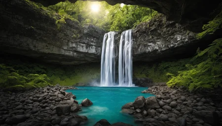 amazing photograph of gorgeous view, award winning, breathtaking, photo of the year, 4k, hyperrealistic, dramatic lighting <lora:Earth35_000010:0.4> <lora:Landscape_Unleashed:0.8>
In the image, a waterfall cascades into a stream at the bottom of a rocky gorge. The scene appears to be dark and mysterious, as if seen through a window in a forest or jungle environment. There are trees surrounding the area, with some appearing closer than others, creating an enchanting atmosphere. The waterfall is surrounded by rocks, giving it an impressive look amidst the natural surroundings. The scene appears to be at nighttime, adding to its intriguing ambiance.