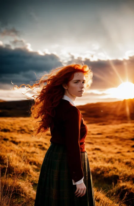 award winning photo of a beautiful woman, Style-Kilt,  iphone 13 camera with flash on in the background and big round sun from behind by Annie Leibovitz. red hair is blowing around her face like fireflies that are flying out to sea under dramatic clouds at sunset golden hour closeup macro lens bokeh f/2 aperture shot hdr 8k high definition