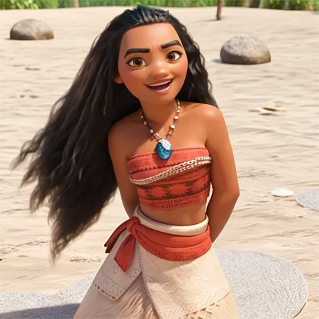 score_9, score_8_up, score_7_up, score_6_up, score_5_up, score_4_up, realistic, <lora:Moana-000005:0.8>, moana1, 1girl, long hair, brown eyes, necklace, dark-skinned female, thick eyebrows, black hair, curly hair, bare shoulders, midriff, strapless, tube top, tribal, long skirt, BREAK looking at viewer, arms behind back, light smile, open mouth,