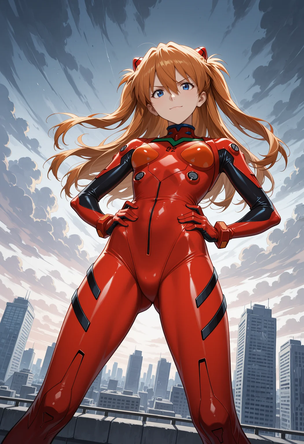 masterpiece, best quality, highres, absurdres, very awa, 1girl, solo, long hair, orange hair, hair between eyes, two side up, , outdoors, rooftop, cityscape, building, hands on hips, legs apart, blue eyes, interface headset, plugsuit, pilot suit, red bodysuit, skin tight, two-tone gloves, red gloves, black gloves, dutch angle, from below, looking at viewer, cloudy sky, wind, v-shaped eyebrows, closed mouth, light smile