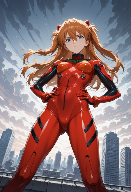 masterpiece, best quality, highres, absurdres, very awa, 1girl, solo, long hair, orange hair, hair between eyes, two side up, , outdoors, rooftop, cityscape, building, hands on hips, legs apart, blue eyes, interface headset, plugsuit, pilot suit, red bodysuit, skin tight, two-tone gloves, red gloves, black gloves, dutch angle, from below, looking at viewer, cloudy sky, wind, v-shaped eyebrows, closed mouth, light smile