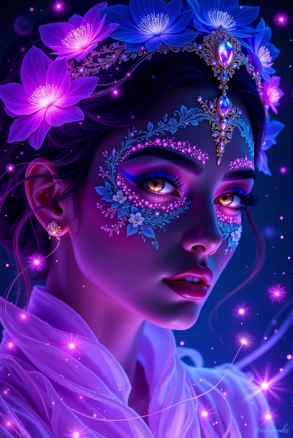 <lora:DGLO_style_v.81:0.6> DGLO style. An enchanting, hyperrealistic portrait of a woman surrounded by an aura of glowing elegance, her features adorned with delicate floral and abstract patterns. Her face is intricately decorated with shimmering black and vivid blue floral designs that weave across her cheeks and forehead, blending with ethereal strokes of glowing magenta and violet. The floral patterns are masterfully detailed, with petals, vines, and swirling accents that give her a celestial, magical presence. Her piercing golden eyes are illuminated with an otherworldly glow, framed by bold, blue-violet eyeshadow and meticulously detailed lashes that enhance her captivating gaze. Her lips, full and softly glossy, reflect the faint light of her bioluminescent surroundings. A stunning headpiece made of layered, translucent petals in shades of silver and blue adorns her hair, crowned with a radiant sapphire centerpiece that shimmers with intricate crystalline details. Her flowing hair glows softly, with strands of violet and white intertwining in luminous waves, blending into the cosmic darkness of the background. Surrounding her are glowing orbs, swirling lines, and abstract particles in vibrant shades of violet, pink, and white, creating a dreamlike atmosphere. Delicate dandelion-like seeds drift through the scene, their glowing trails adding to the ethereal composition. The artwork seamlessly blends hyperrealistic facial features with surreal, glowing embellishments and abstract cosmic elements, resulting in a portrait that feels both grounded in reality and elevated by fantasy. The interplay of vibrant colors, intricate patterns, and radiant light creates a vision of ethereal beauty and mystique.