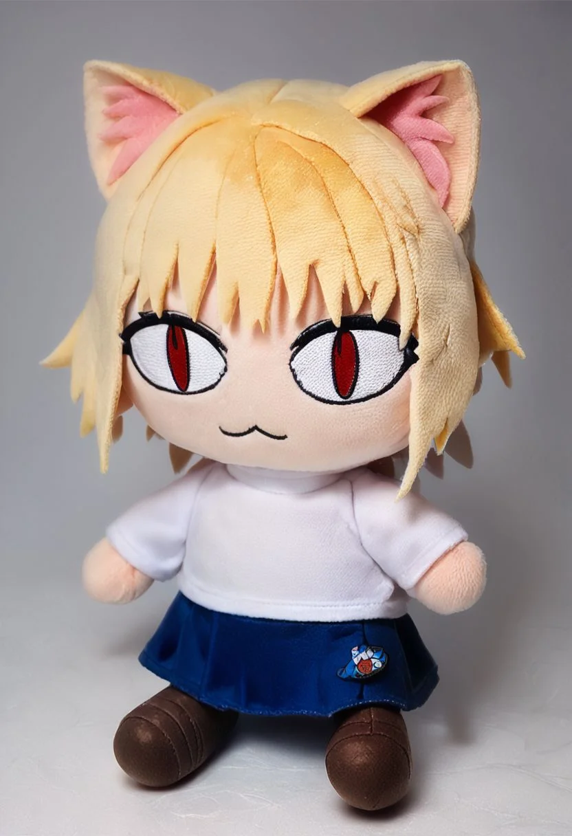 score_9, score_8_up, score_7_up,((plushify, chibi, character stuffed toy)),necoarc,blonde hair, red eyes, slit pupils, cat ears, :3, chibi,turtleneck, white shirt, blue skirt, pleated skirt, pantyhose, brown footwear