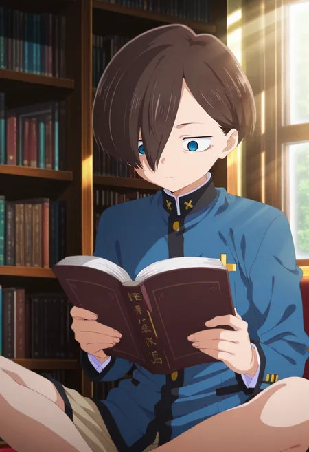 masterpiece, best quality, intricate details, anime screencap, anime coloring, official style, , 1boy, solo, male focus, <lora:kyoutarou_ichikawa_ilxl:0.98>, kyoutarou_ichikawa, brown hair, blue eyes, short hair, hair over one eye, bangs, library, bookshelf, sunbeam, window, book, reading, afternoon, sitting cross-legged, absorbed expression,