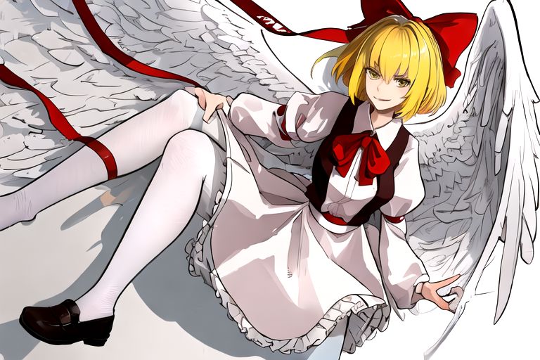 solo_focus, 1girl, ((white background, simple background)):2, (((masterpiece))), ((best quality)), ((ultra-detailed)), high resolution, absurdres, highres, ultra-detailed 8k unity wallpaper, 
solo, 1girl, gengetsu, 
arcueid_\(tsukihime\), 
solo, 1girl, smile, short_hair, shirt, breasts, blonde_hair, bow, long_sleeves, skirt, ribbon, dress, yellow_eyes, hair_bow, thighs, collared_shirt, red_bow, wings, vest, bowtie, black_pantyhose, red_vest, pink_shirt, red_bowtie, feathered_wings, pink_dress, open_vest, white_shirt_white_skirt, white_shoes, blonde_short_hair, red_head_bow_ribbon, one_piece_head_bow_ribbon, bow_ribbon, white_angel_wings, white_drees, brown_vest, wear_outside, twin_wings,