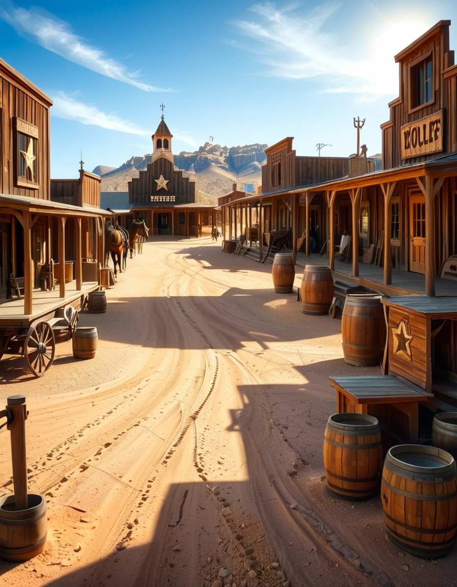 A classic Wild West town in the late 1800s, surrounded by arid desert and towering rock formations. The dusty main street is lined with wooden buildings, including a saloon with swinging doors, a sheriffâs office with a star emblem, a general store with a wooden sign, and a blacksmithâs shop with tools hanging outside. Old-fashioned wooden wagons are parked along the street, and a few horses are tied to hitching posts. The atmosphere is lively, with cowboys wearing wide-brimmed hats, boots, and leather dusters walking around, some talking near the saloon while others ride horses. The sky is bright blue with a few wispy clouds, and the sunlight casts long shadows on the ground. In the background, a water tower stands tall, and a windmill slowly turns in the breeze. The scene is full of rustic details, evoking the adventurous spirit of the American frontier.<lora:SDXLFaeTastic2400:0.4> <lora:extremely_detailed:0.4> extremely detailed, <lora:Western_v1ll4g3:1>,Western v1ll4g3, Masterpiece,best quality,hi res,8k,hi res,8k,award winning,(sharp focus, intricate, highly detailed),