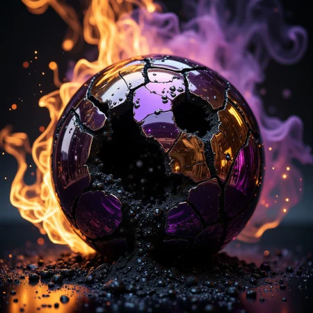 a mirror finish ball is shattered and black ichor pours out. gold and purple smoke comes out of the cracks. amber sparks are around