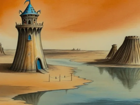 2d retro illustration, watercolor, pencil crayon, wizard's tower and Djinn Desert with swamp creature and Launch and Landing Ports
simple face detail <lora:Fantastic_Planet_XL01:1.1>
