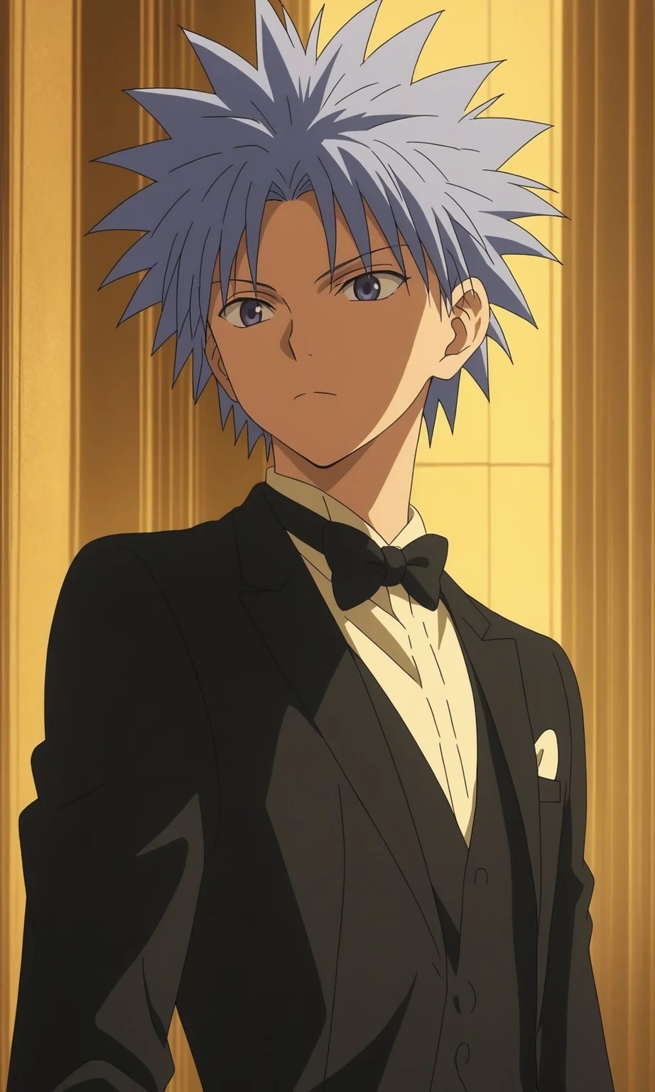 1boy, illua Zoldyck from Hunter x Hunter, BREAK source_anime , best quality, wearing a black tuxedo with a bow tie, formal setting, elegant lighting, evening atmosphere, detailed background , <lora:tuxedo:0.6>