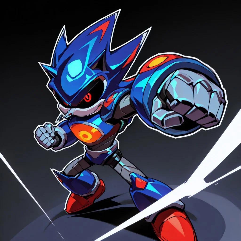 gurlagcatch, Metallix, red glowing eyes, robot, glowing red energy core, blue metal skin, black sclera, pointy metal nose, red shoes, clenched hands, red orbs on its forearms, white details on its edges, white spikes on its head, thruster on its back, solo, dynamic angle, thick outline, wide shot, dynamic pose, dramatic shadow,