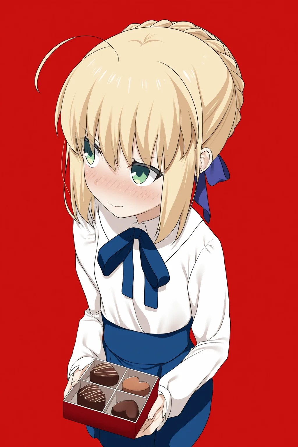 fate \(series\), fate/stay night, saber \(fate\), 1girl, ahoge, blonde hair, green eyes, blouse, blue bow, blue skirt, bow, bowl, braid, braided bun, bun with braided base, hair bow, hair bun, shirt, skirt, solo, white shirt, simple background, red background, looking to the side, closed mouth, blush, embarrassed, (upper body), valentine, happy valentine, box of chocolates, incoming gift, from above, close-up,
gaou \(babel\), (shiina excel, mochitsuki kagami:1.15),
(masterpiece, best quality, absurdres, highres, newest, very awa:1.2),