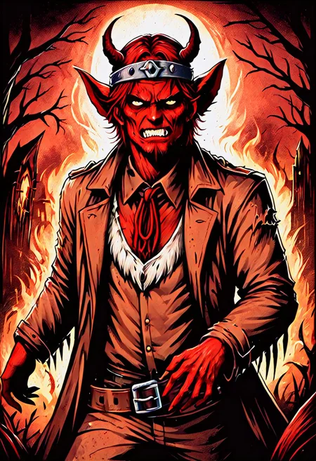muscular red skin devil detective, with a white feather shaman headdress, trench coat, medieval fantasy, red hair, horns, Background of Hell, comical rpg
