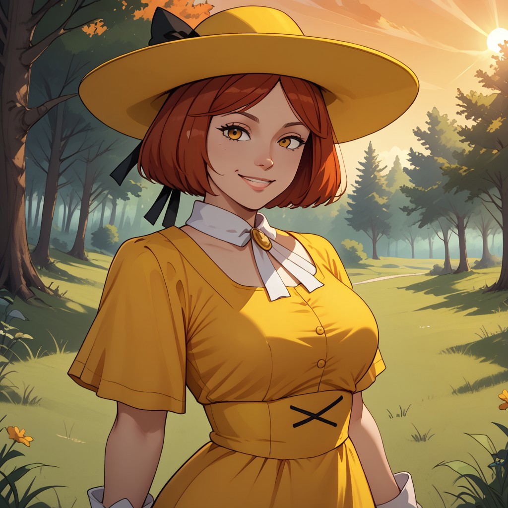 score_9, score_8, BREAK, 1girl, solo, Madeline, yellow hat with a black hair bow, yellow dress, white gloves, red hair, adult female, mature female, breasts, sexy pose, self portrait, smile, outdoors, sunlight, shadows, evening lighting, natural lighting, forest, trees, grass, orange sky, sunset