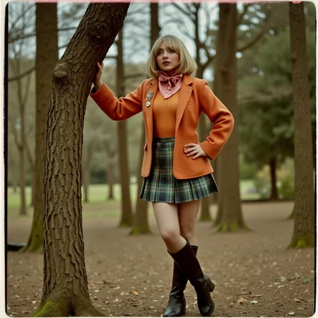 Faded Polaroid Photo, analog film photo <lora:AshleyR4:0.8> a close up, a candid, half body shot, close up shot, aslx, costume, aslx, a woman wearing an ashley graham costume with orange jacket, plaid skirt, black boots, blond hair styled in a bob, she's in a forest, leaning on a tree, ultra detailed, ultra realistic, ultra quality, cinematic, cinematic lighting, ultra detailed <lora:SAbrina Carpenter-V1x1:1> s4br1n4c . faded film, desaturated, 35mm photo, grainy, vignette, vintage, Kodachrome, Lomography, stained, highly detailed, found footage, analog, old faded photo, old polaroid, RAW candid cinema, 16mm, color graded portra 400 film, remarkable color, ultra realistic, textured skin, remarkable detailed pupils, realistic dull skin noise, visible skin detail, skin fuzz, dry skin, shot with cinematic camera