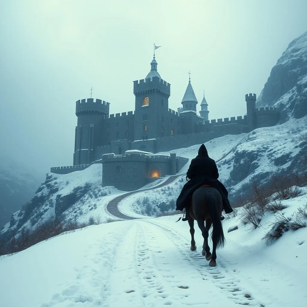 A gigantic big stones castle-fortress in the mountains on a snowy overcast winter day. Castle dimly illuminated by fire. The castle must be humongous in occupied floor surface, and have at least 7 towers.
The path to the castle must be visible and cleared of snow.
A strange looking figure dressed black is riding a horse towards the castle. Only one man, only one horse.
Sharp focus, studio photo, intricate details, highly detailed, by greg rutkowski