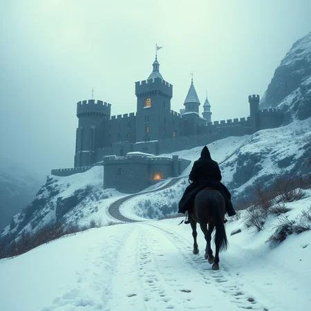 A gigantic big stones castle-fortress in the mountains on a snowy overcast winter day.  Castle dimly illuminated by fire.  The castle must be humongous in occupied floor surface, and have at least 7 towers.
The path to the castle must be visible and cleared of snow.
A strange looking figure dressed black is riding  a horse towards the castle.  Only one man, only one horse.
Sharp focus, studio photo, intricate details, highly detailed, by greg rutkowski
