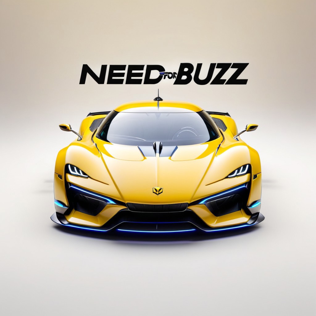"Need for Buzz" text logo, front view of cyberpunk futuristic yellow hypercar, speed lines, blur, abstract, octane render, simple background <lora:dvr-ftl:0.8>